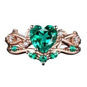 Heart Shaped Emerald 2 piece Timeless Engagement Bridal Ring Set in rose gold